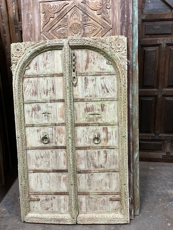 Antique Indian Jharokha Whitewashed Carved Window Door Shutter Wall Decor